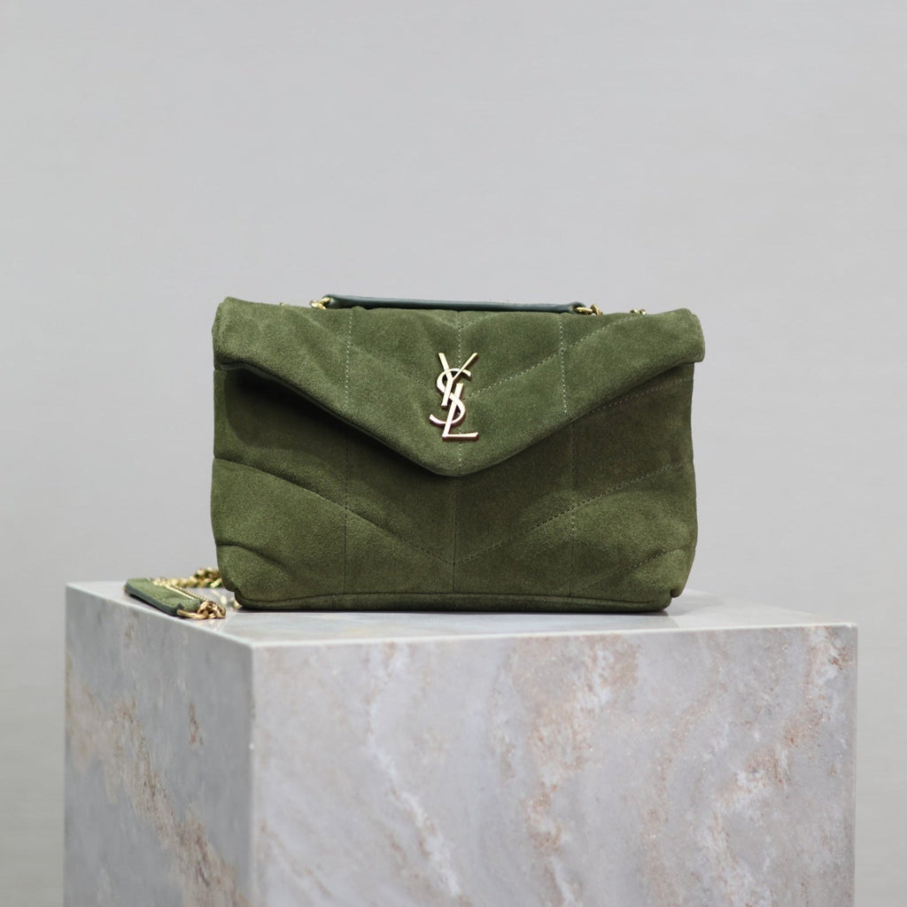 YSL 25S LOULOU PUFFER MINI 23 IN GREEN SUEDE GOLD HARDWARE