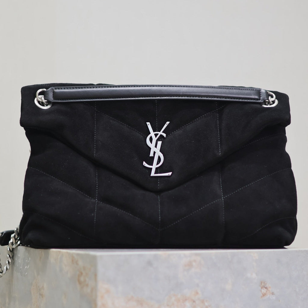 YSL 25S LOULOU PUFFER GM 35 IN BLACK SUEDE SILVER HARDWARE