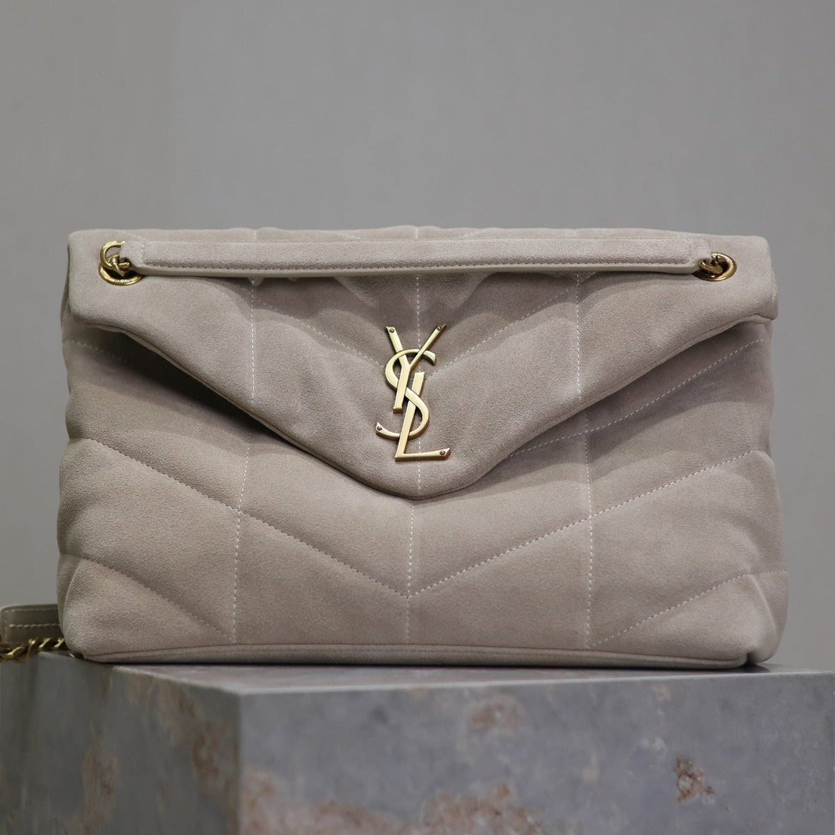 YSL 25S LOULOU PUFFER GM 35 IN SMOKEY TAUPE SUEDE GOLD HARDWRE