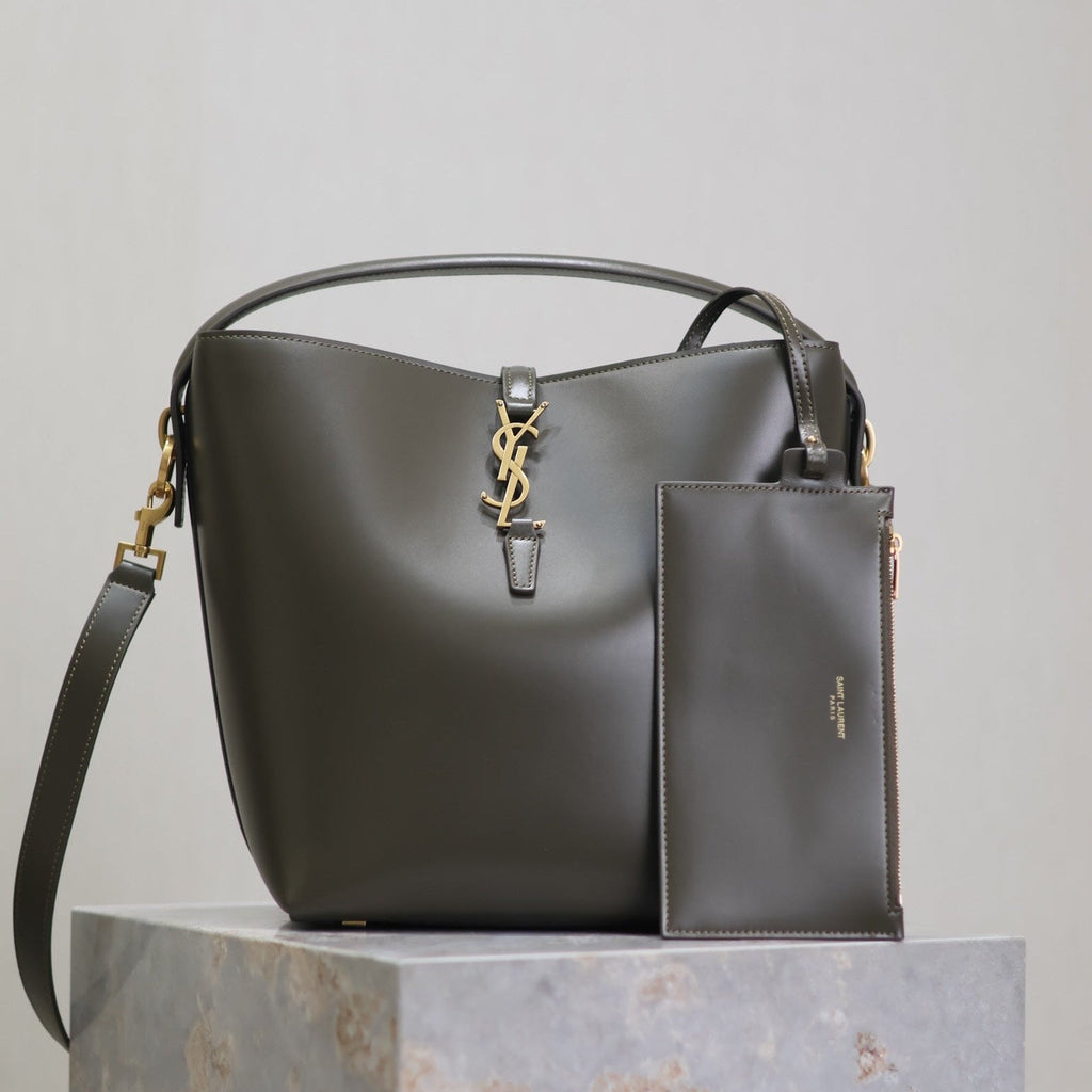 YSL 25S LE 5 À 7 BUCKET 26 IN DARK OLIVE CALFSKIN GOLD HARDWRE