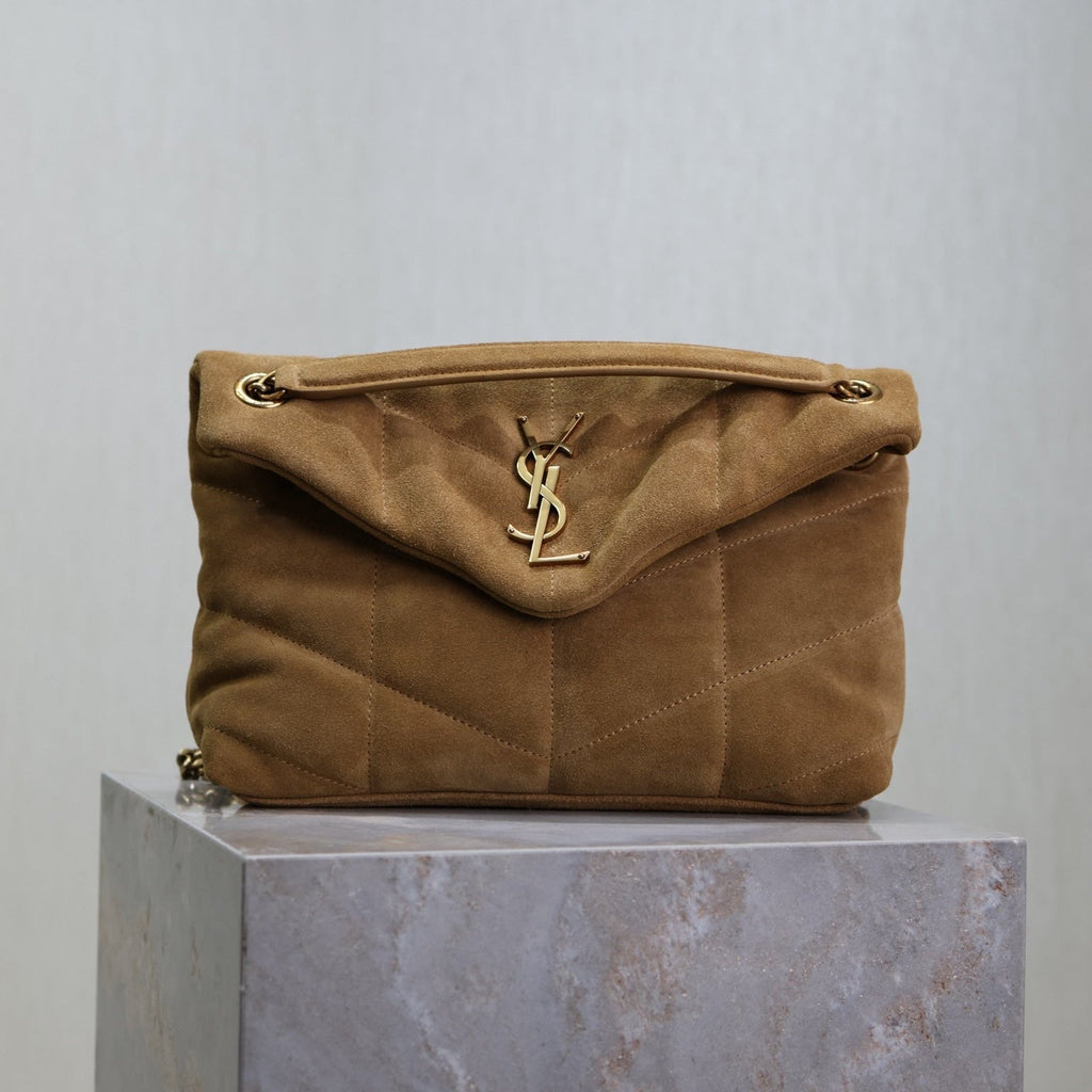 YSL 25S LOULOU PUFFER MM 29 IN TAN BROWN SUEDE GOLD HARDWARE
