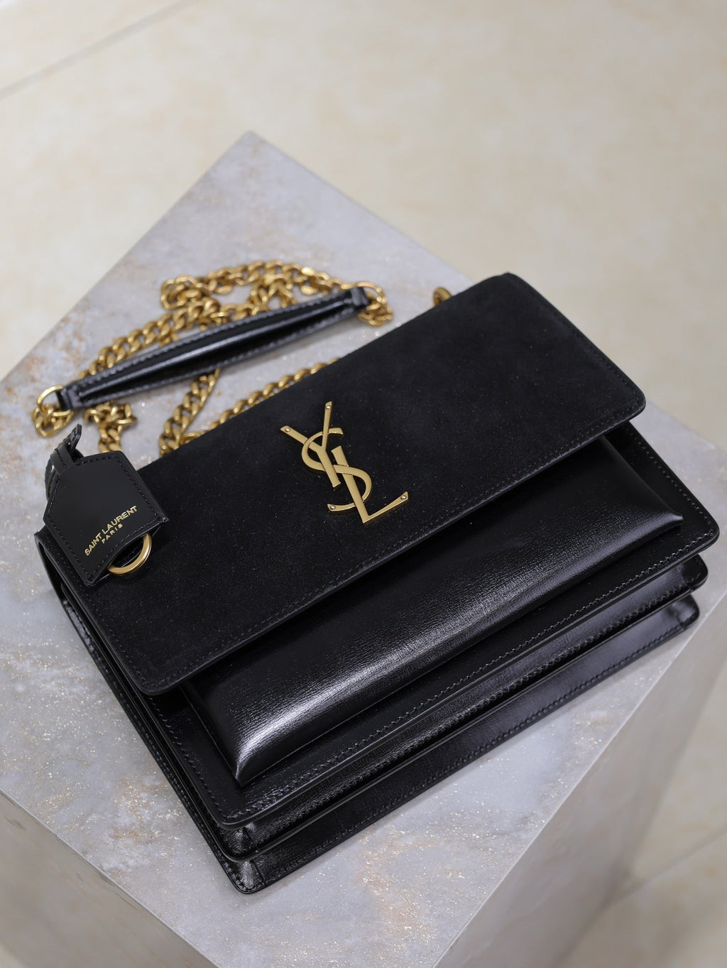 YSL 25S SUNSET BAG 22 IN BLACK CALFSKIN AND SUEDE GOLD HARDWRE