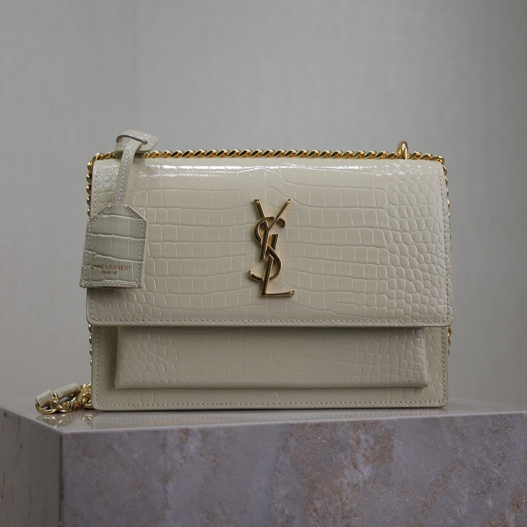 YSL 25S SUNSET MEDIUM 22 IN IVORY CROCODILE-EMBOSSED SHINY CALFSKIN GOLD HARDWRE
