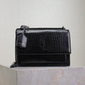YSL 25S SUNSET MEDIUM 22 IN BLACK CROCODILE-EMBOSSED SHINY CALFSKIN BLACK HARDWRE