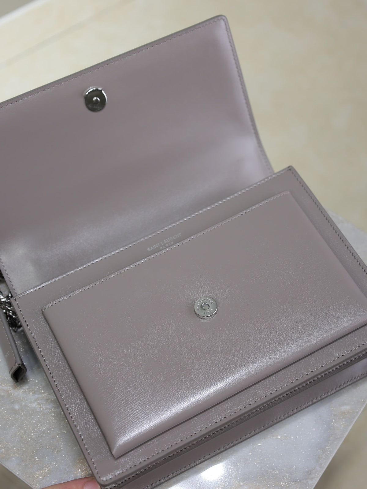 YSL 25S SUNSET BAG 22 IN DARK PURPLE CALFSKIN SILVER HARDWRE