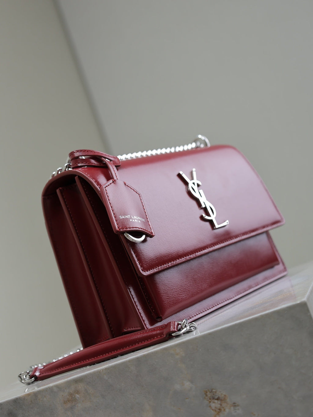 YSL 25S SUNSET BAG 22 IN CRIMSON RED CALFSKIN SILVER HARDWRE