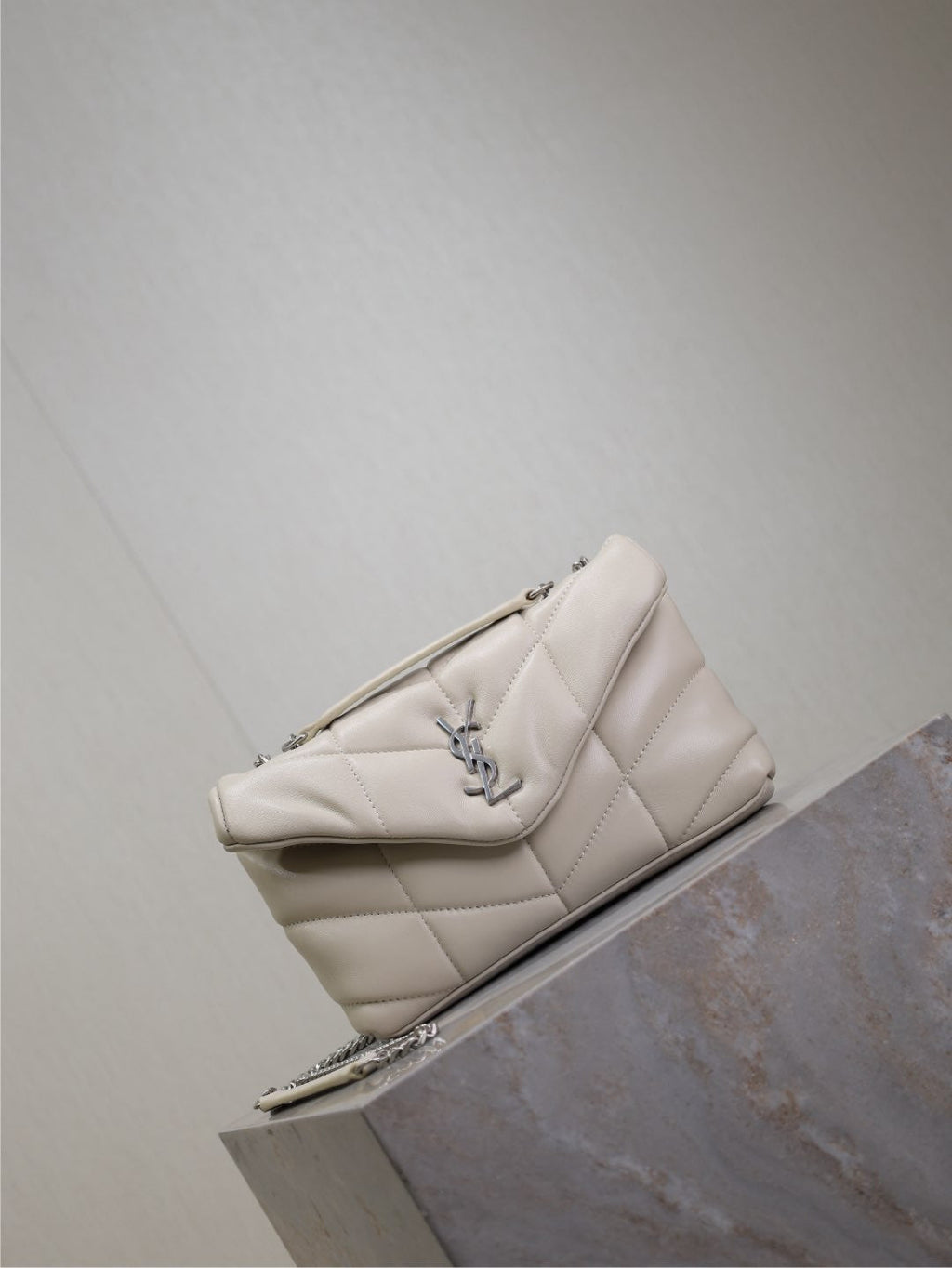 YSL 25S LOULOU PUFFER MINI 23 IN SMOKEY TAUPE CALFSKIN SILVER HARDWRE
