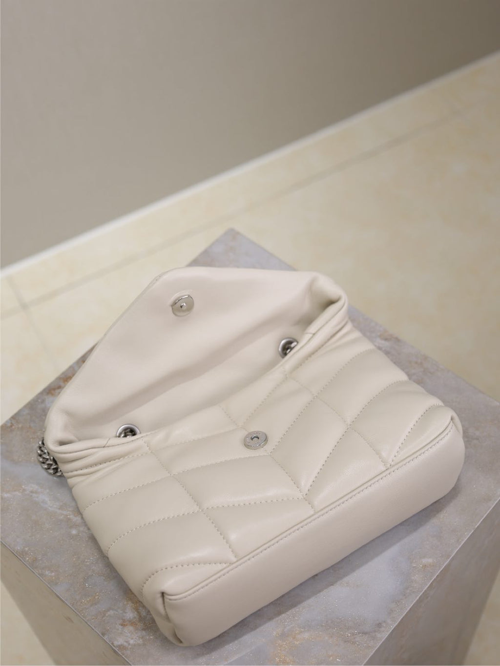 YSL 25S LOULOU PUFFER MINI 23 IN SMOKEY TAUPE CALFSKIN SILVER HARDWRE