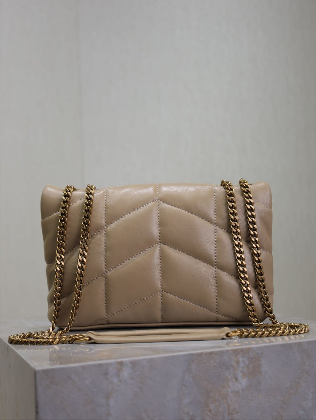 YSL 25S LOULOU PUFFER MINI 23 IN BROWN CALFSKIN GOLD HARDWRE