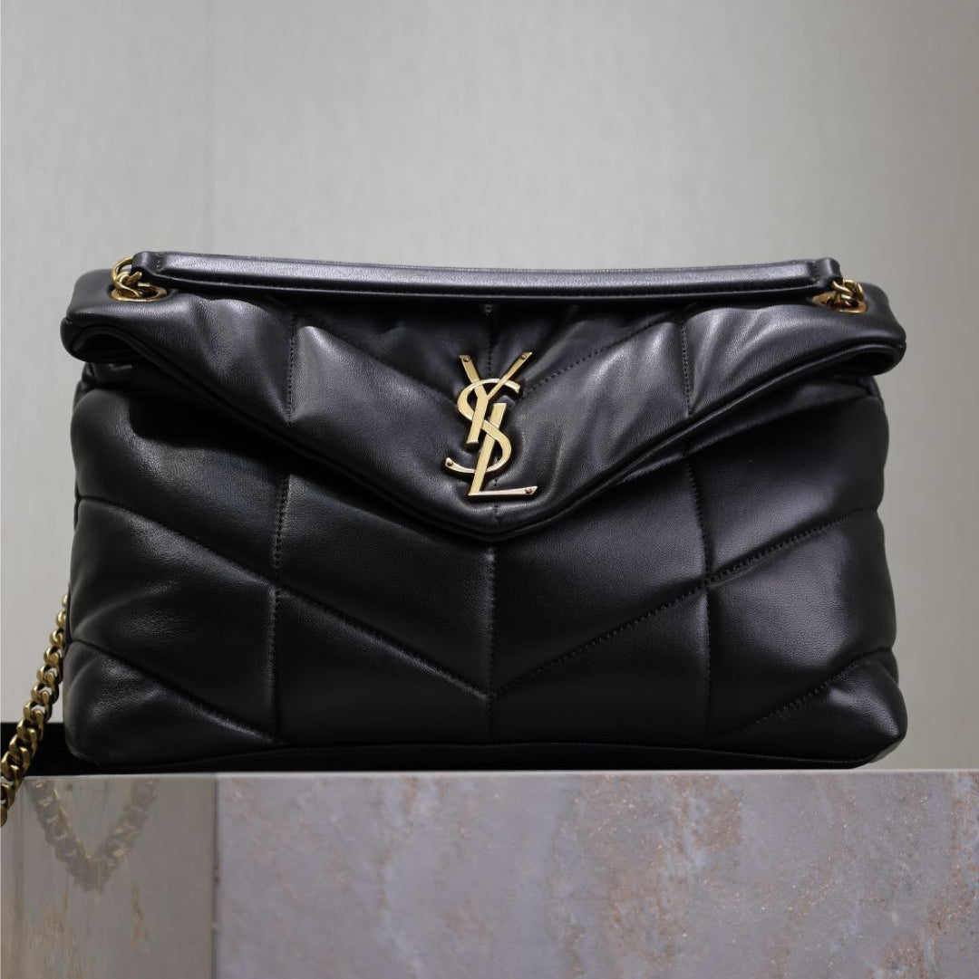 YSL 25S LOULOU PUFFER GM 35 IN BLACK CALFSKIN GOLD HARDWRE